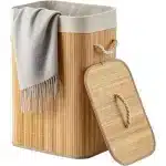 Cesto De Roupa Suja Bambu Dobravel Organizador Forrado Banheiro 60cm Grande Cesto Retangular